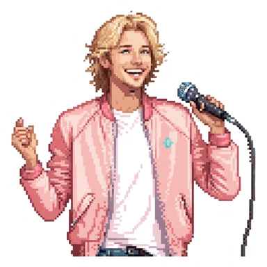 Expressive male performer, Caucasian features, tousled sandy blonde hair, lively eyes, wide cheerful smile, wearing a coral pink jacket over white tee, tossing a microphone in one hand, waist-up, front-facing sticker