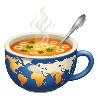 a cup of soup with world pattern sticker