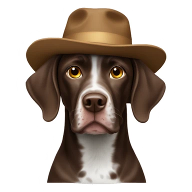 Brown German short haired pointer with a hat sticker
