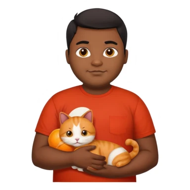 Indian black chubby guy with black middle parted hair in red t-shit with orange cat sticker