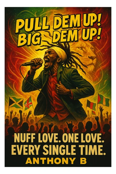 A vibrant reggae-inspired poster scene featuring Anthony B in full performance energy — dreadlocks flying, mic in hand, mid shout, pulling up the riddim. The background is a glowing fusion of red, gold, and green flames with lion imagery and subtle cosmic light trails. Around him, the words “Pull Dem Up! Big Dem Up!” explode like soundwaves. Below, a crowd of diverse viewers is shown — silhouettes of people from all nations, hands raised, flags waving (Jamaica, UK, Africa, etc). In bold text across the bottom: “Nuff Love. One Love. Every Single Time.” sticker