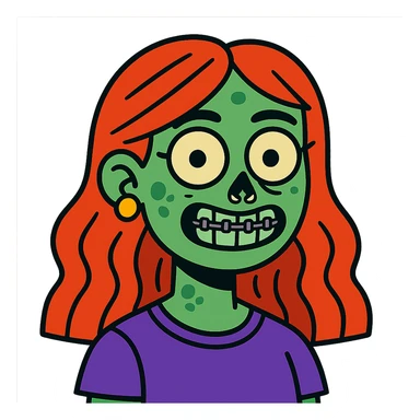 zombie girl with red hair, braces, and nose piercings, vibrant cartoon style sticker