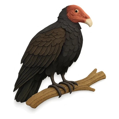 very detailed turkey vulture perched on a tree branch, intricate cut paper textures, dark brown and black feathers, red bald head, realistic markings sticker