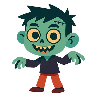 scary cute boy character, big eyes, playful but spooky, cartoon style sticker