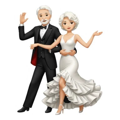 Dancing Tango couple conservative black tux for male and white long rafle dress for woman. Both male and female with white hair. Only one man and one woman sticker