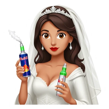 Caucasian brunette bride holding a vape and a Red Bull energy drink sticker