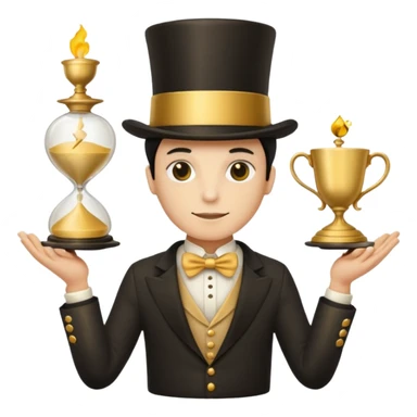 many hands in one, a top hat with a gold stripe, a golden hourglass, papers, a cup

 sticker