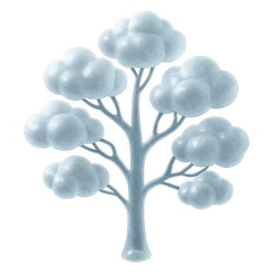 one tree with many branches and a white trunk, crown made of small very bright white fluffy convex clouds, matte glass style sticker