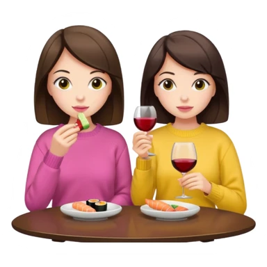 Two brunette girls eating sushi and drinking wine, first girl has a pink sweater and the second girl has a yellow sweater sticker