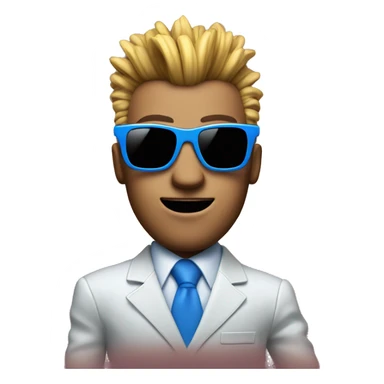 A man is dancing in a blue suit with square sunglasses on his head and a mohawk with a boombox sticker