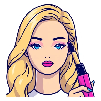 Blonde woman with long hair, blue eyes and pink lips holding mascara in her hands sticker