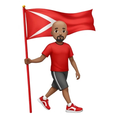 Bald black man with a white goatee in sneakers carrying a red flag sticker