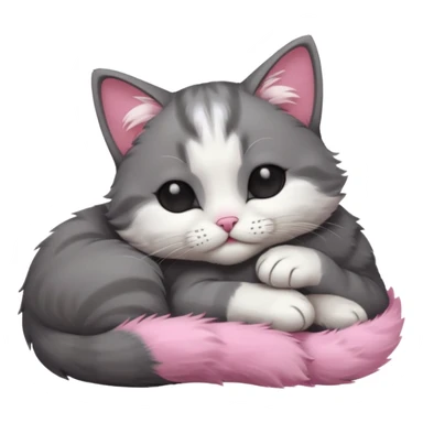 dark grey and white small cat with eyes closed, leaning his head on his paw while leaning on his elbow lying down sticker