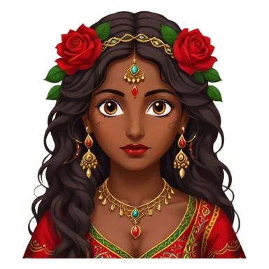 A beautiful Romani woman with deep, expressive eyes and long, wavy dark hair. She wears a vibrant, traditional outfit with intricate patterns and golden jewelry. A single red rose is tucked behind one ear, adding a touch of elegance. Her expression is confident and mysterious, with warm lantern light casting a soft glow on her face, evoking a sense of freedom and passion sticker