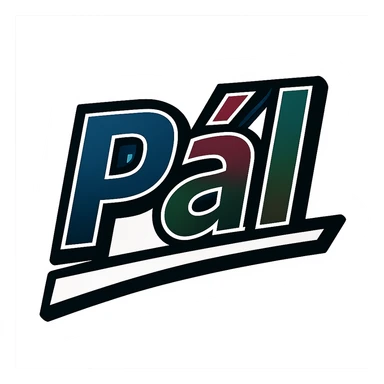 Pál name in masculine, modern, gradient font with precise Hungarian characters, dark outline, extra thick, prominent white letter frame as in sample images, dynamic slanted underline, masculine color shades (blue, gray, burgundy, green, brown), 1000x1000 px, PNG, transparent background sticker