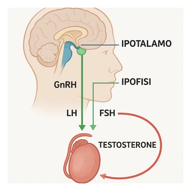 clear and realistic infographic of the HPT axis (hypothalamus-pituitary-testes): showing hypothalamus, pituitary gland, and testes connected by arrows, including hormone names (GnRH, LH, FSH, testosterone), simple diagram, distinct colors for each part, scritte in italiano sticker