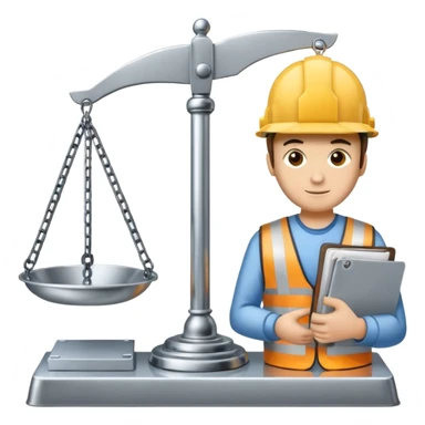 Image of a justice scale with a construction helmet on one side and a folder on the other. Simple sticker