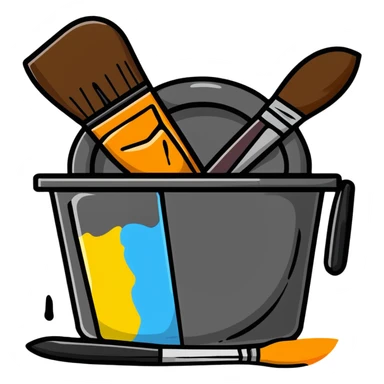 Artistic studio with paint splatters, paintbrushes, and creative tools sticker