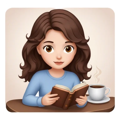 girl with wavy choco brown hair, brown eyes, and some blush is reading a book and has a cup of coffee next to her. sticker