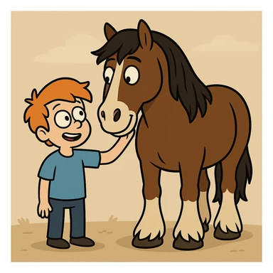 A boy orange hair blue shirt Clydesdale horse sticker