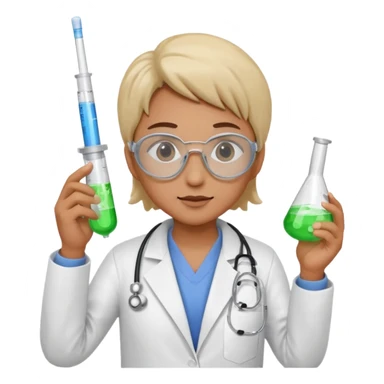 A person wearing safety goggles, a stethoscope, and a white coat. In one hand they hold a test tube containing chemicals and in the other a syringe. sticker