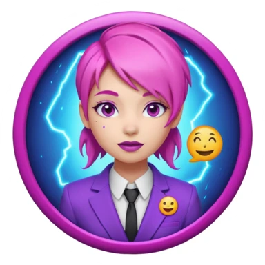Cute 3D emoji-style girl sexy character with pink hair and purple eyes, inside a circular badge. No hands, no pose. Clean purple suit with a glowing neon-blue ‘C’ logo on the chest, small lightning accent. Smooth Apple-style lighting, friendly expression sticker