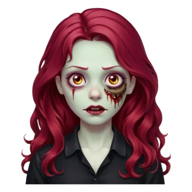Faça me um emoji de um zumbi mulher de cabelos vermelho borgonha longos ondulado usando uma blusa preta sticker