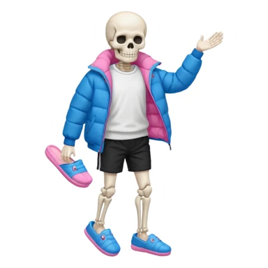 A skeleton with a white shirt blue puffer black shorts and pink slippers sticker