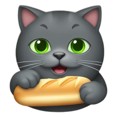 happy dark grey fat cat with green eyes eating a baguette sticker