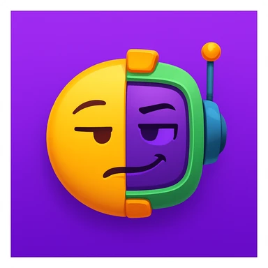 Design a half-emoji, half-robot with a sarcastic, unimpressed look, keeping the same purple, green, and orange color palette as the reference image. Add a playful, mischievous vibe to the character. sticker