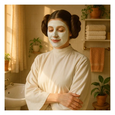 Princess Leia from Star Wars with hair buns, using a facial mask, morning light, cozy bathroom sticker