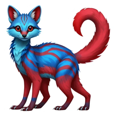 Feral Rare Fantasy vibrant dark shady shaded detailed cyan-cobalt-blue-crimson-red-gradients-colored colorful Vernid-Sergal-Genet-Trico-species by LiLaiRa, random markings, tufted tail, tufted ears, full body sticker