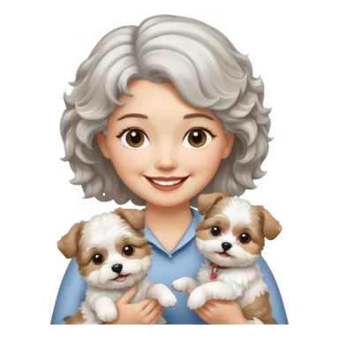 silver, short, wavy-haired with loose curls, smiling pretty lady holding a whit terrier dog and a white and tan shih tzu dog sticker