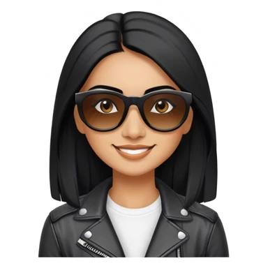 beautiful fit woman, with long straight black hair, with make up, black eye liner, smile mooth close, mexican, brown skin, wearing white tee, wearing leather black jacket, solar black wayfarer on the tip of the nose sticker