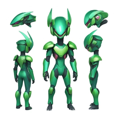 a shiny green Genesect-Raptor-Fakémon—hybrid with a futuristic visor-helmet full body sticker