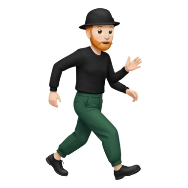 גבר זקן ג'ינג'י מלא כובע שחור הפוך חולמה שחורה ומכנסיים ירוקות ארוכות מבצע הליכה נמרצת במקום  sticker