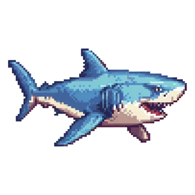 a shark in pixel art style, retro and blocky sticker