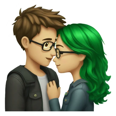 A boy with brown hair and a mustache is kissing a green haired girl wearing glasses sticker