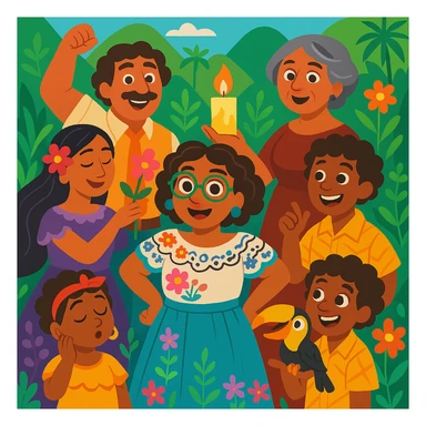 Edit the Encanto family group to remove Bruno, keep all other family members, stylized cartoon, lush Colombian background, cheerful expressions, no Bruno. sticker