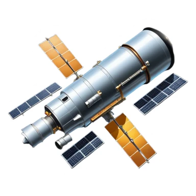 cinematic-realistic-hubble-space-telescope-emoji, an awe-inspiring, ultra-detailed depiction of the Hubble Space Telescope floating in space, its large, reflective metallic surface gleaming against the backdrop of the infinite blackness. The telescope's vast solar panels extend outwards, catching the light from distant stars, while its intricate, cylindrical body showcases advanced, precise engineering. The telescope's large, hexagonal lens is pointed towards the cosmos, surrounded by mechanical components, wires, and sensors. The detailed textures of the telescope’s metallic exterior, the shiny reflective coating, and the intricate grid-like solar panels are sharply contrasted against the void of space, with distant stars and nebulae faintly visible in the background, adding to the sense of scale and technological marvel; rendered with extreme realism and attention to detail. sticker