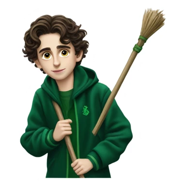 Timothee Chalamet wearing a Slytherin jacket and Riding a broom sticker