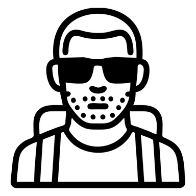 a bold man with stubble, ultra short hair, squared dark glasses, blue eyes, traveler, flat icon style sticker