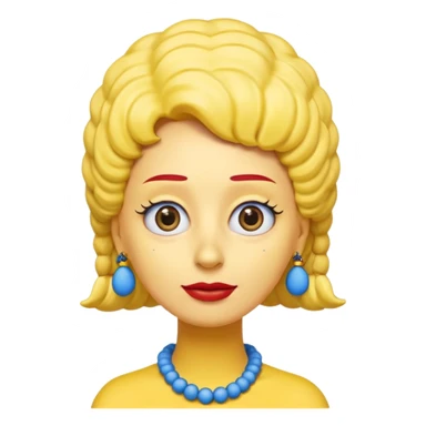 3D emoji head-only, smooth plastic, soft studio light, big round eyes, bold outline, centered, transparent bg,
Marge Simpson, yellow skin, tall cylindrical blue beehive hair, red bead necklace, overbite, no earrings, no eyelashes, no blonde hair sticker