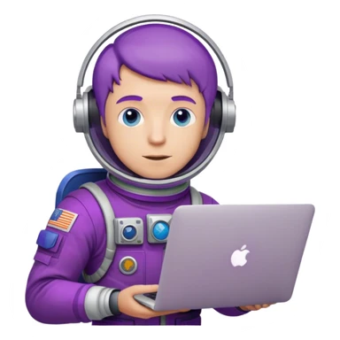 white guy astronaut with purple suit, blue eyes, short purple hair and one macbook sticker