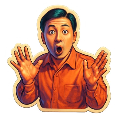 The same Japanese man looks at the viewer with a surprised look, and his hands are empty sticker