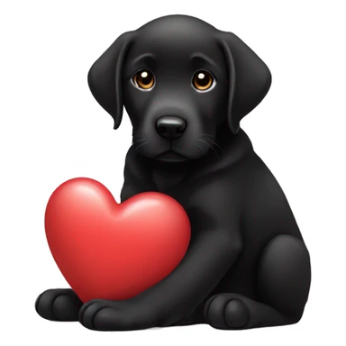 sitting black labrador puppy is holding a heart sticker