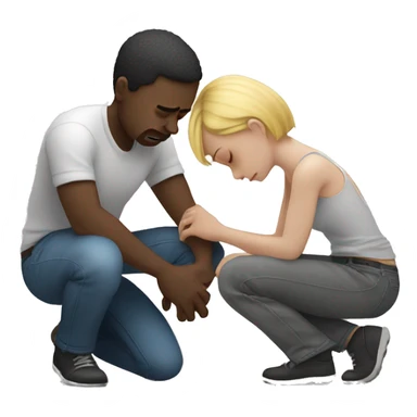 A white-skinned man kneeling and crying, trying to mend his girlfriend's broken heart. The heart is a broken emoji heart, highlighting the emotional scene. sticker