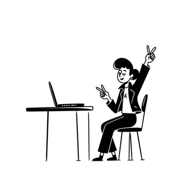 A rockstar female musician with tattoos on her arms, stylish modern haircut with shaved sides, wearing cool rocker clothes, smiling and sitting at a desk with a laptop, raising hand during class sticker