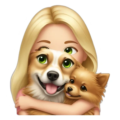 Blonde girl with green eyes, hugs her pomeranian dog, red sticker