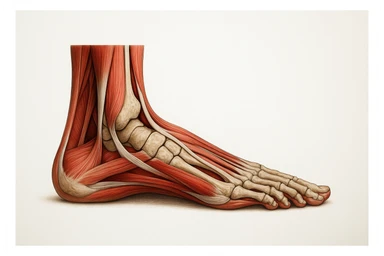 PIEDE UMANO ANATOMICO CON PIANTA PIATTA, VISTO DI PROFILO, CON FASCI MUSCOLARI E OSSA VISIBILI, REALISTICO 4K SFONDO BIANCO sticker